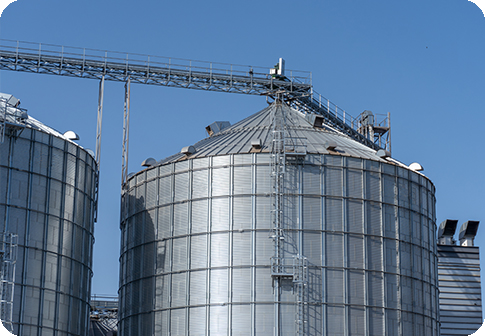 Large metal silos standing tall against a clear blue sky at an agricultural storage