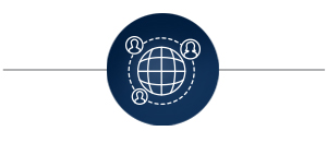 Global support icon - globe with three figure heads around it