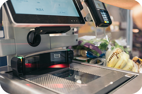 Self-payment machine with supermarket scale. Self-service express cash