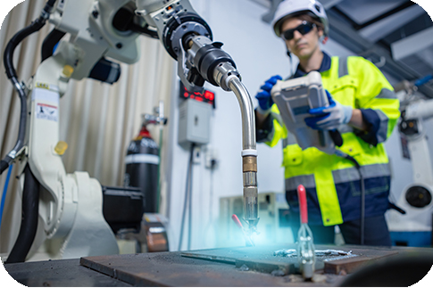 Close up head welding machine robot arm Industry