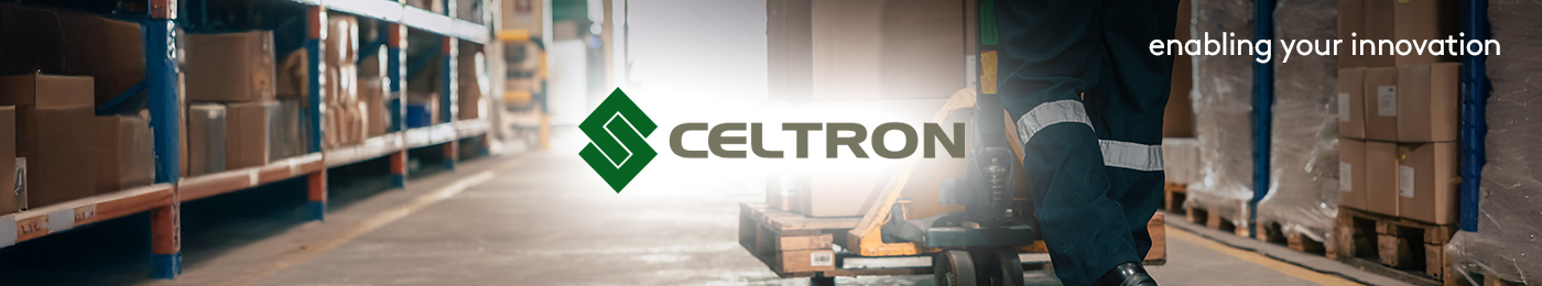 Warehouse staff moving load parcel box with Hand pallet truck - Celtron logo in center